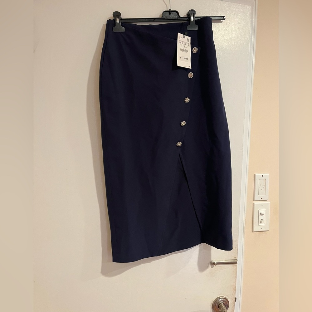 Zara women navy midi skirt with jewels